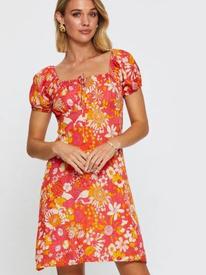 Square Collar Printed Lace Up Spring Dress