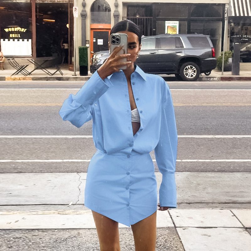 Loose Fit Blue Slim Collared Shirt Dress - Image 4