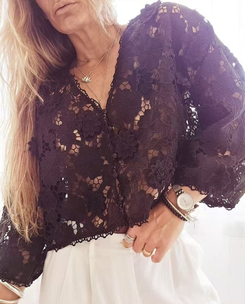 Women’s V-Neck Hollow Out Lace Blouse - Image 3