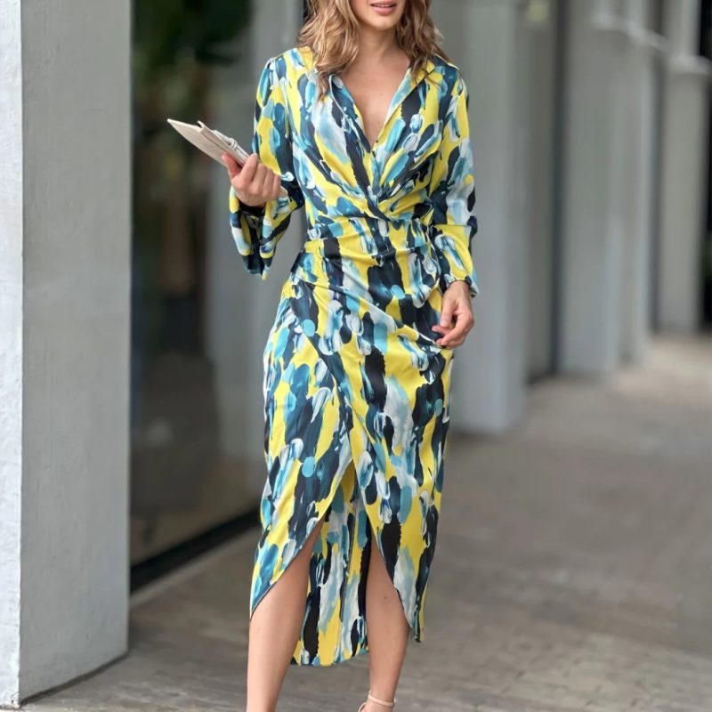 Asymmetric Long Sleeve Office Mid-Length Dress
