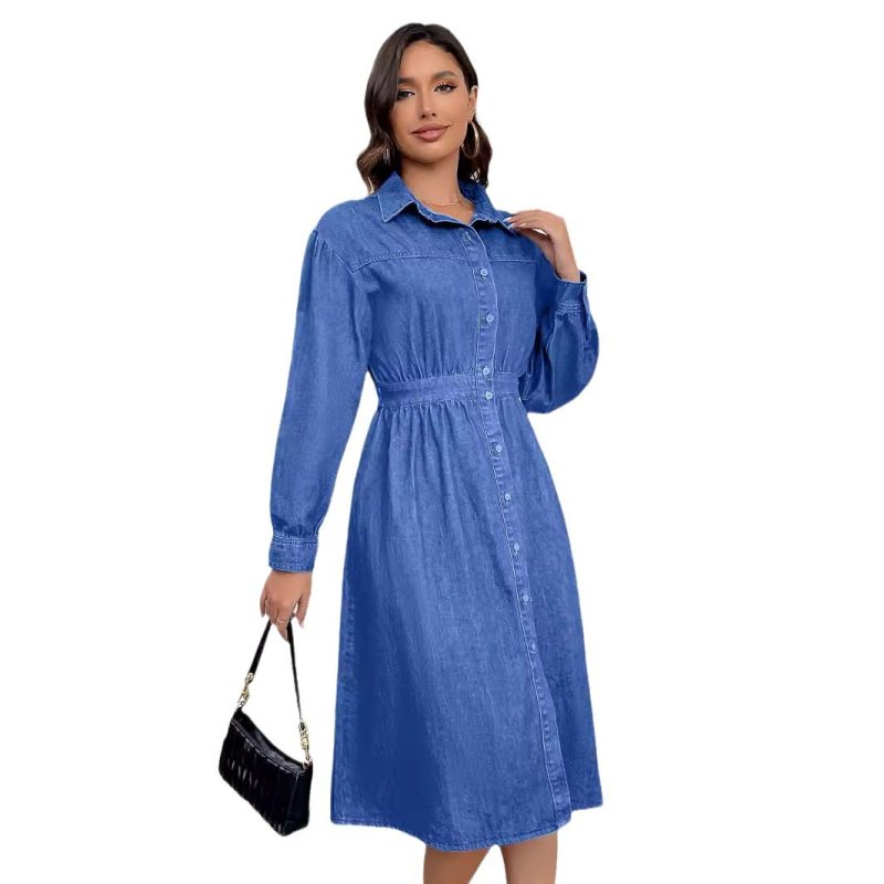 Spring Slimming V-Neck Single-Breasted Denim Dress - Image 4