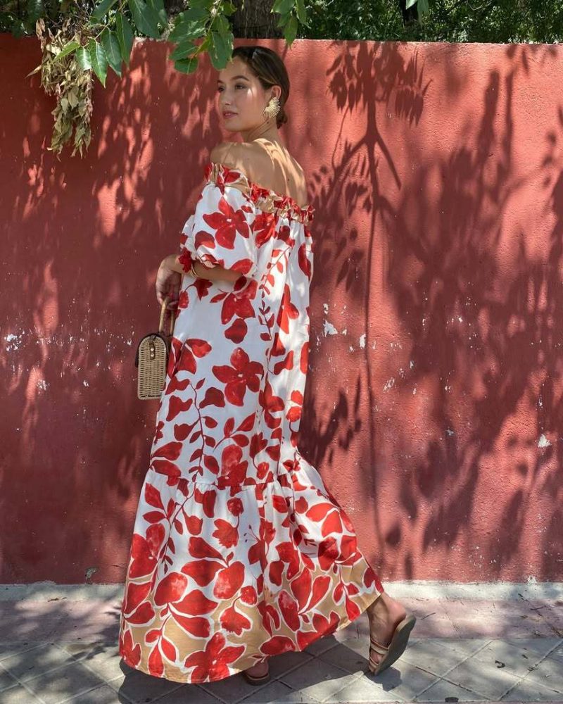 Off-Shoulder Floral Print Puff Sleeve Dress - Image 4