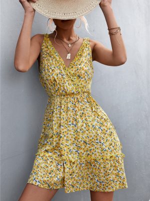 Floral Ruffled V-Neck Lace-Up Strap Dress