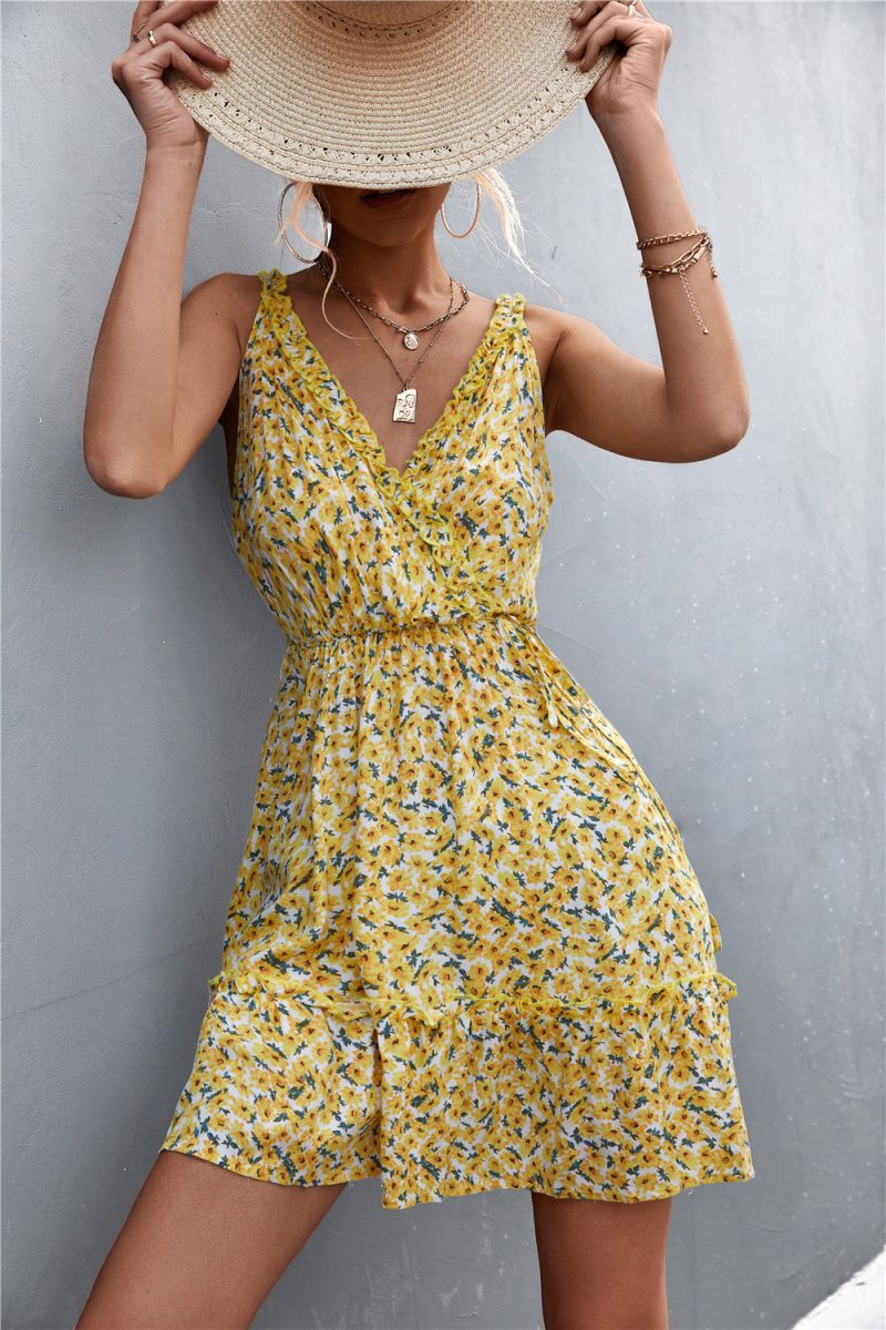 Floral Ruffled V-Neck Lace-Up Strap Dress