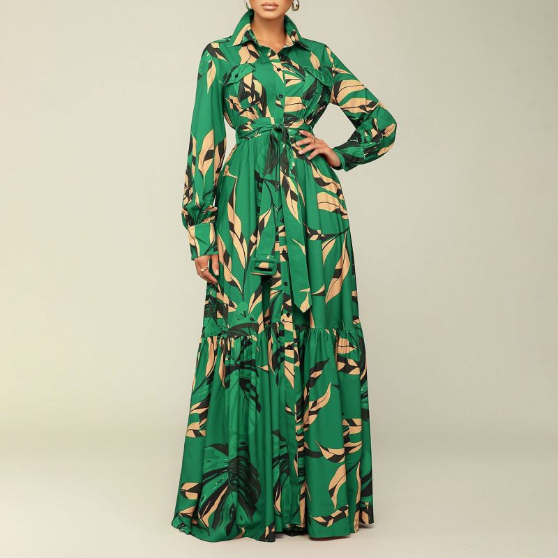 Elegant Autumn Printed Shirt Maxi Dress Women - Image 3