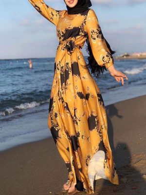 Spring Digital Print Lace-Up Slim Dress for Women