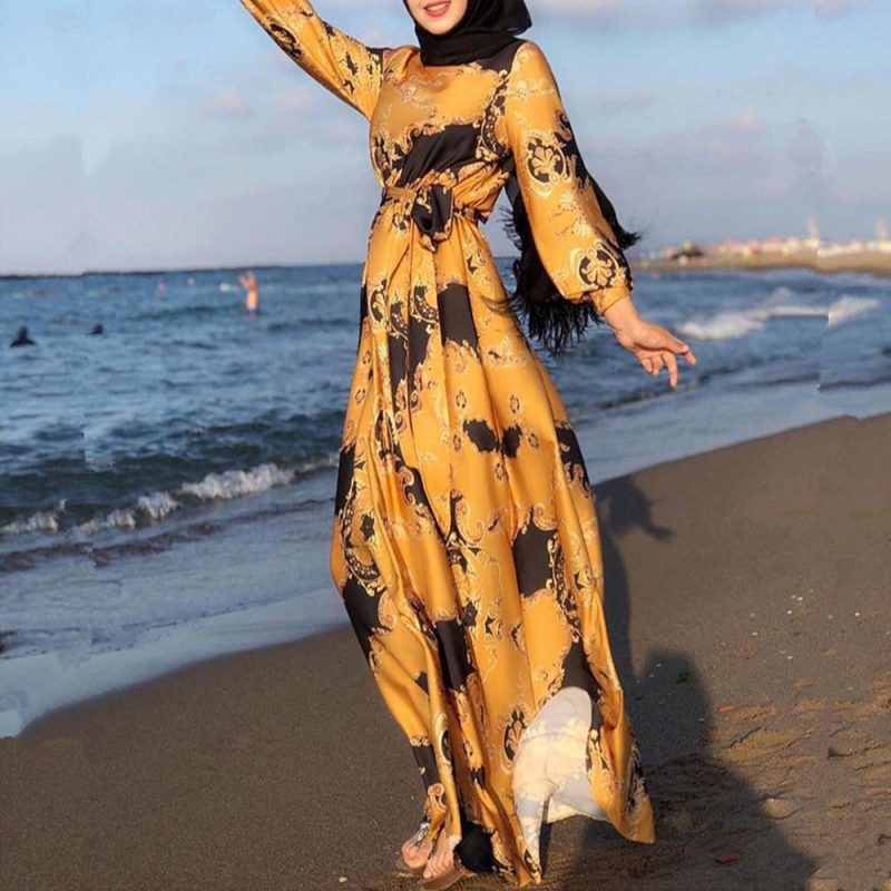 Spring Digital Print Lace-Up Slim Dress for Women