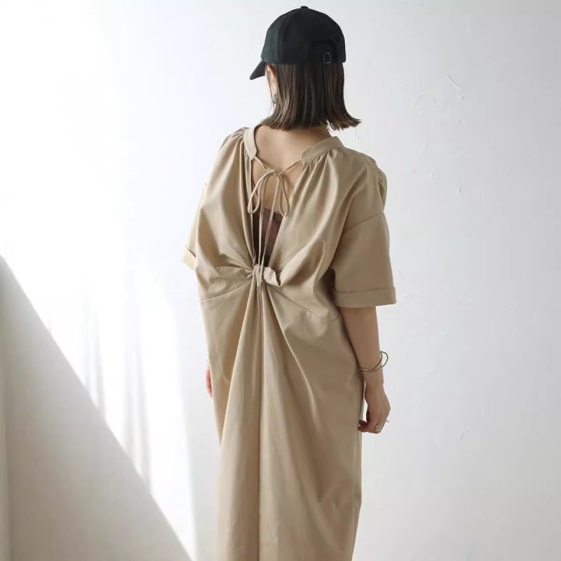 Casual Bow Back Short Sleeve Shirt Dress