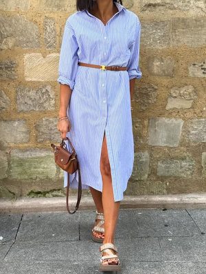 Elegant Autumn Striped Midi Length Belted Dress