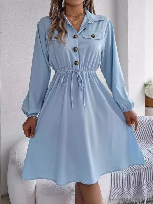 Long Sleeve Waist-Controlled Casual Shirt Dress
