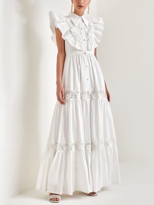 French Embroidered Lace Polo Collar Maxi Dress