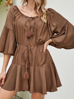 Off-Shoulder Drawstring Jumpsuit with Bell Sleeves