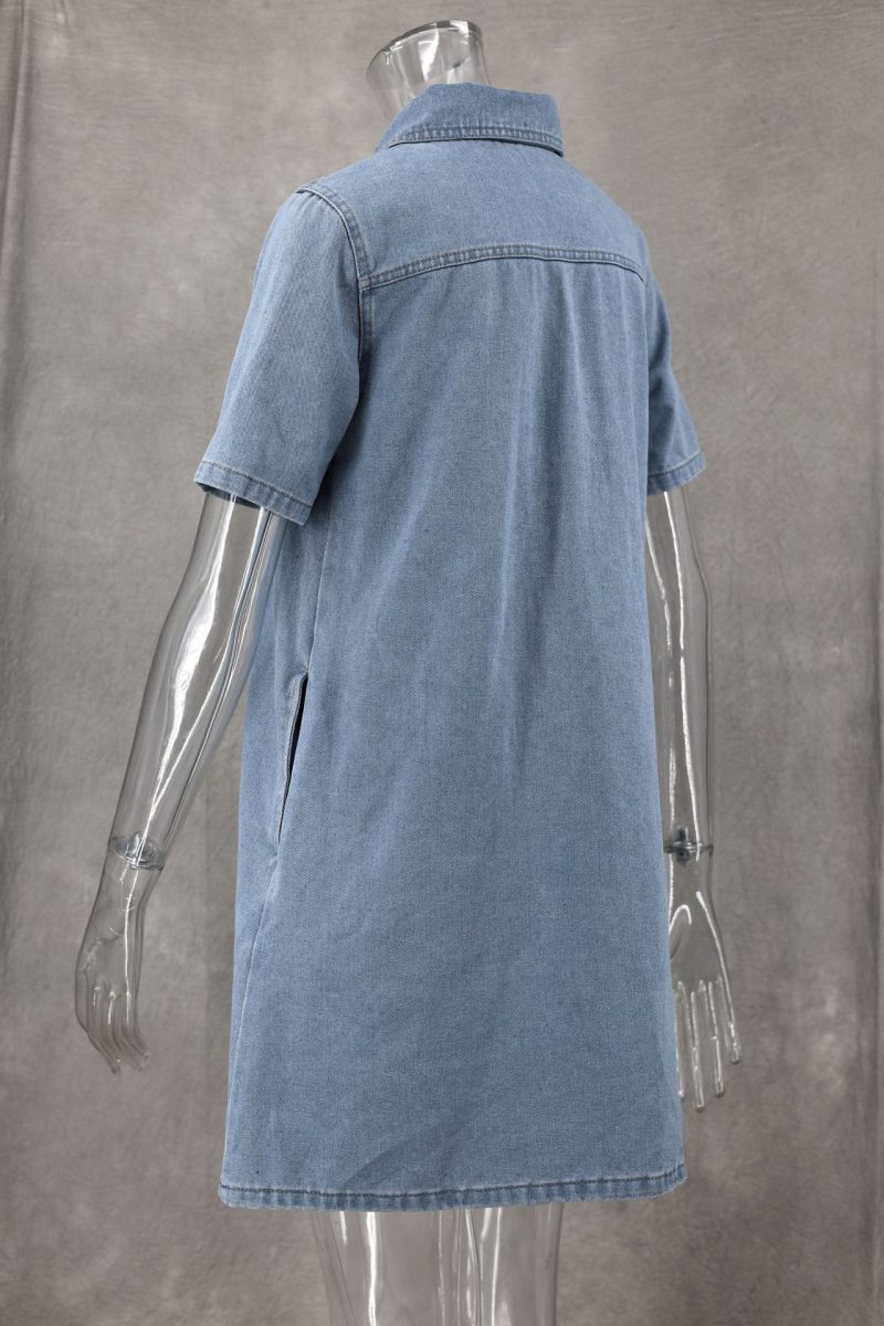 Blue Washed Denim A-Line Short Sleeve Dress - Image 3