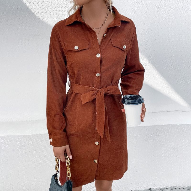 Spring Autumn Winter Corduroy Belt Shirt Dress