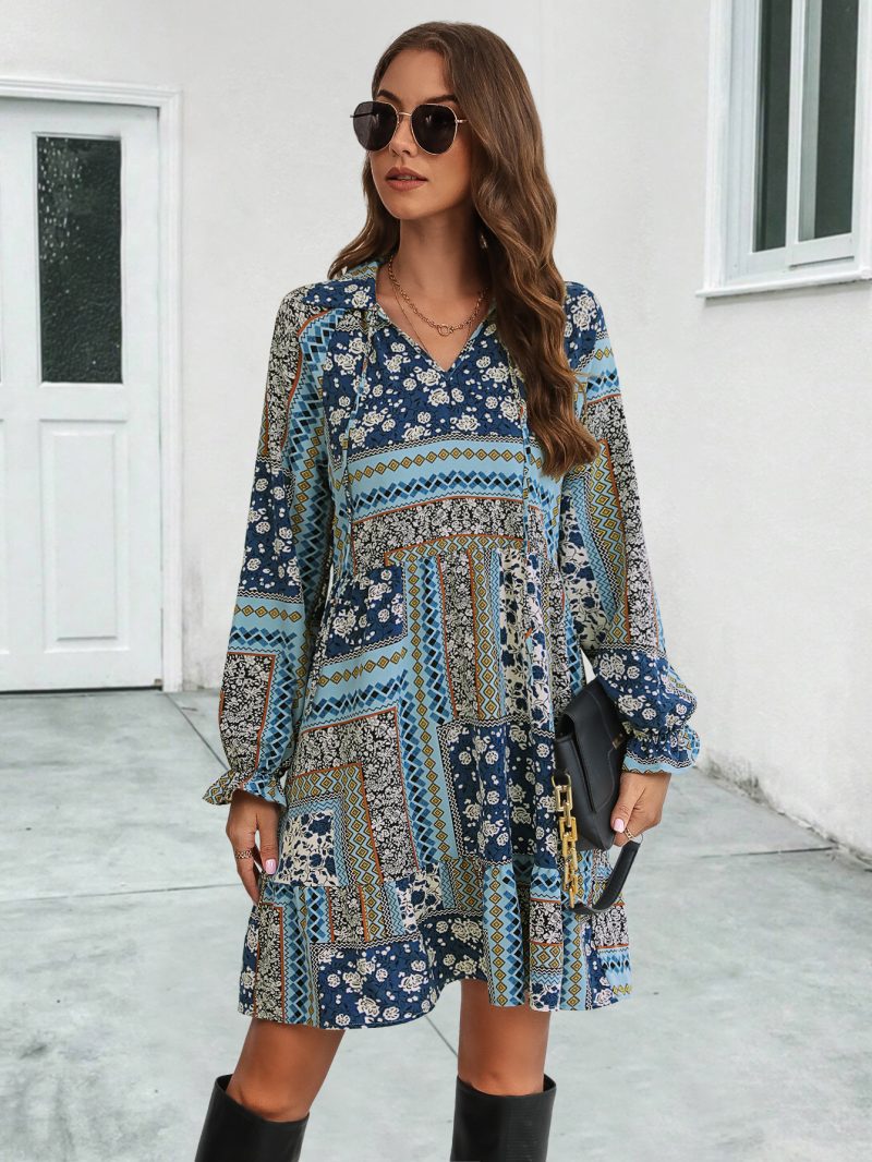 Trendy V-Neck Floral Print Long Dress - Image 3