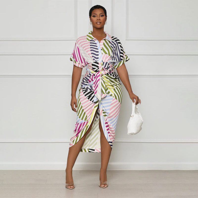 Colorblock Striped Button Down Shirt Dress Jumpsuit - Image 4