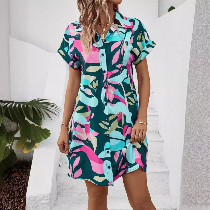 Women’s Short Sleeve Floral Shirt Dress – Summer - Image 2