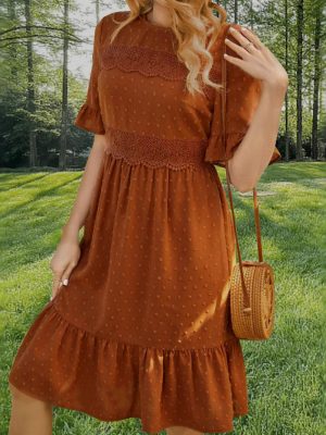 Spring Summer Ruffle Sleeve Lace Trim Dress