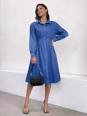Spring Slimming V-Neck Single-Breasted Denim Dress