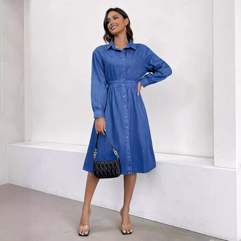 Spring Slimming V-Neck Single-Breasted Denim Dress