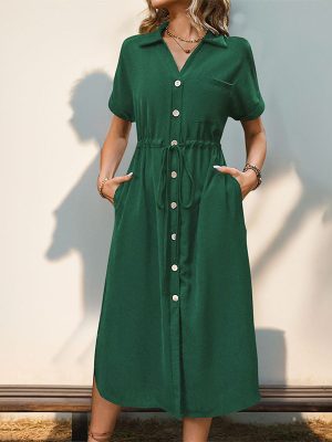 Women’s Summer Collared Button Shirt Dress Casual