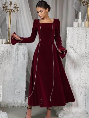 Velvet Bell Sleeve French A-Line Party Dress