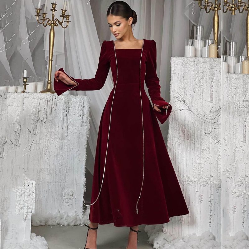 Velvet Bell Sleeve French A-Line Party Dress