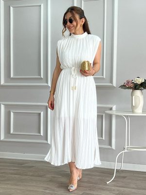 Spring Summer Waist-Tied Dress with High Neck