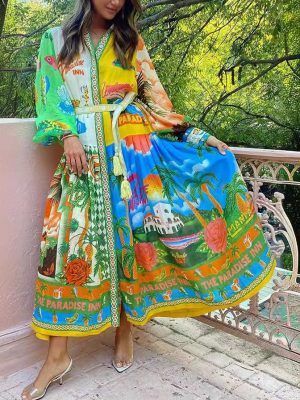 Women's Printed Cardigan Style Long Sleeve Dress