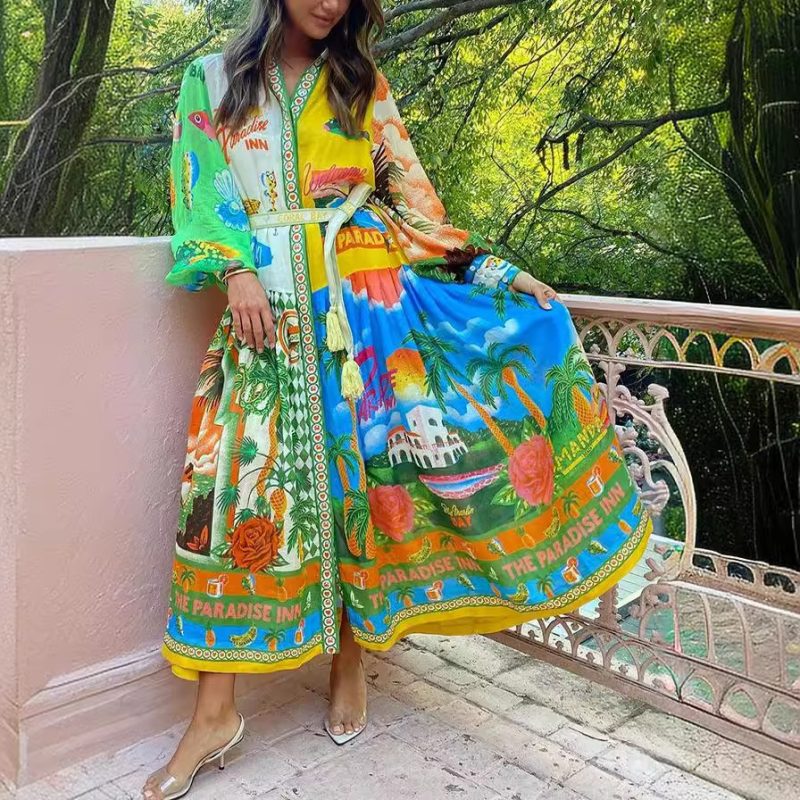 Women's Printed Cardigan Style Long Sleeve Dress