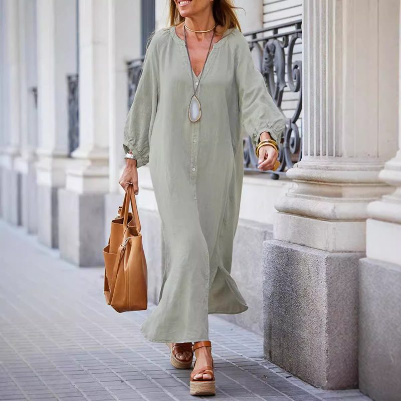 Long Sleeve Cotton Linen Casual Dress Women