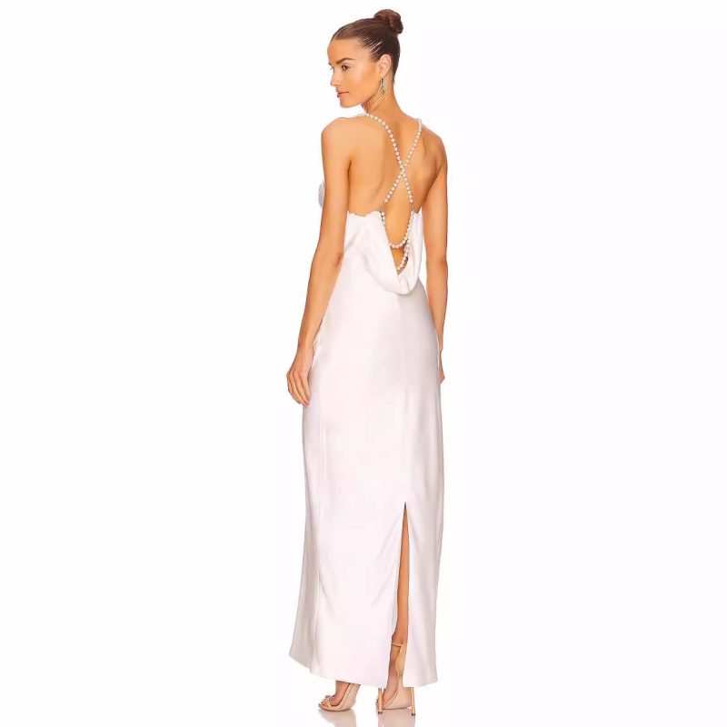 Elegant French Satin Backless Party Dress with Beads - Image 3