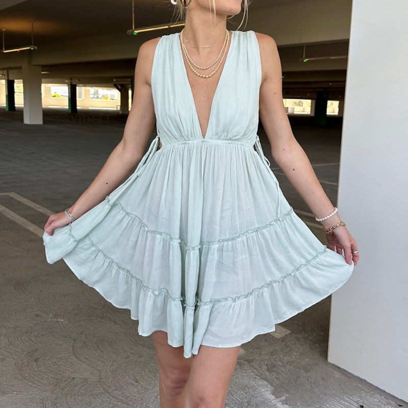 Sleeveless V-Neck Lace-Up Summer Dress Women - Image 3