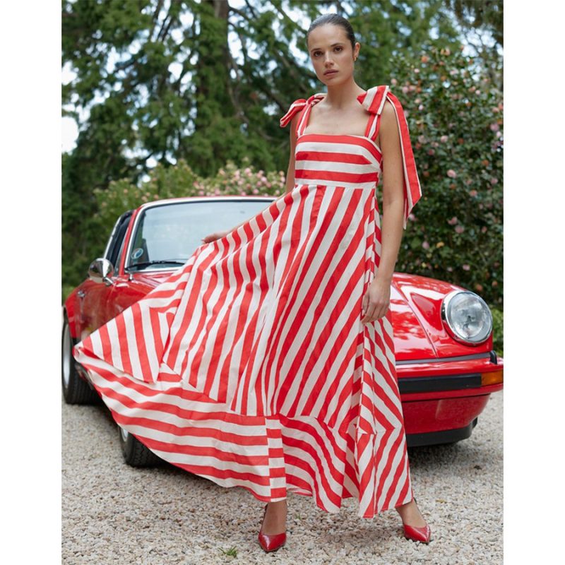 Striped Lace-Up Sweet Swing Dress for Summer - Image 3