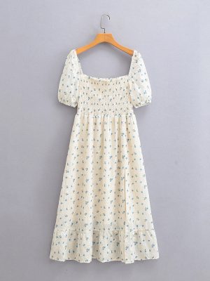 Spring Square Neck Printed Split Sleeve Dress