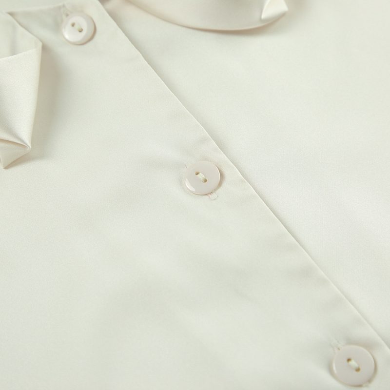 Beige Ruffled Matte Satin Autumn Shirt Women - Image 4