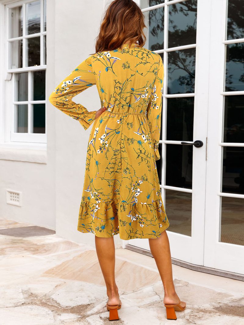 Floral Ruffle Waist Tight Horn Sleeve Dress - Image 2