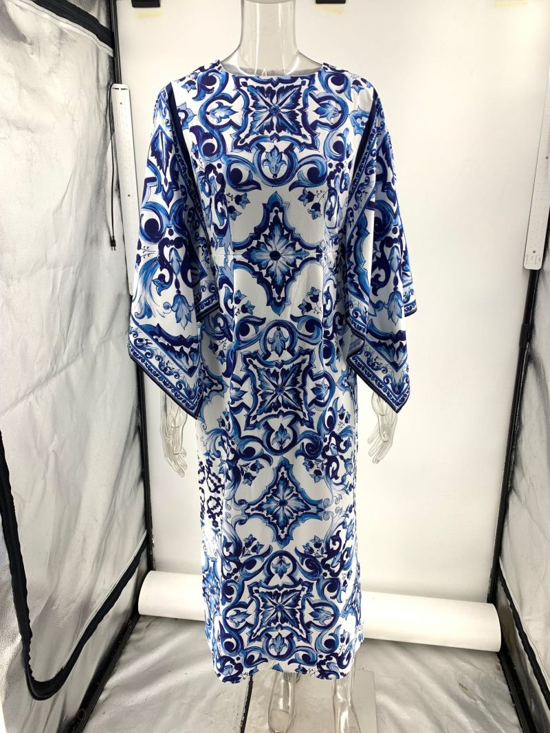 Porcelain Print Off-Shoulder Loose Summer Dress - Image 4