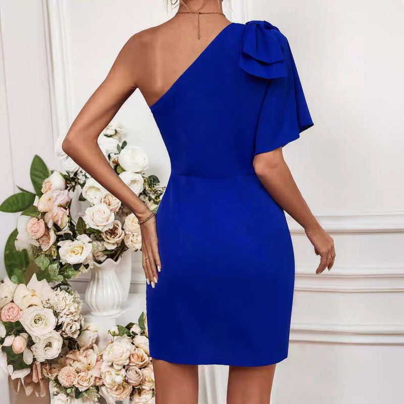 Asymmetric One-Sleeve Diagonal Collar Sheath Dress - Image 2
