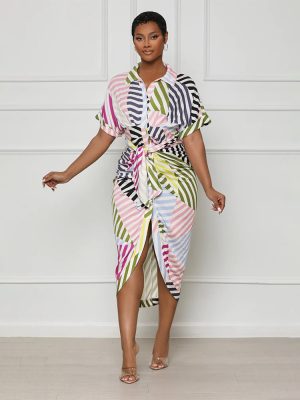 Colorblock Striped Button Down Shirt Dress Jumpsuit