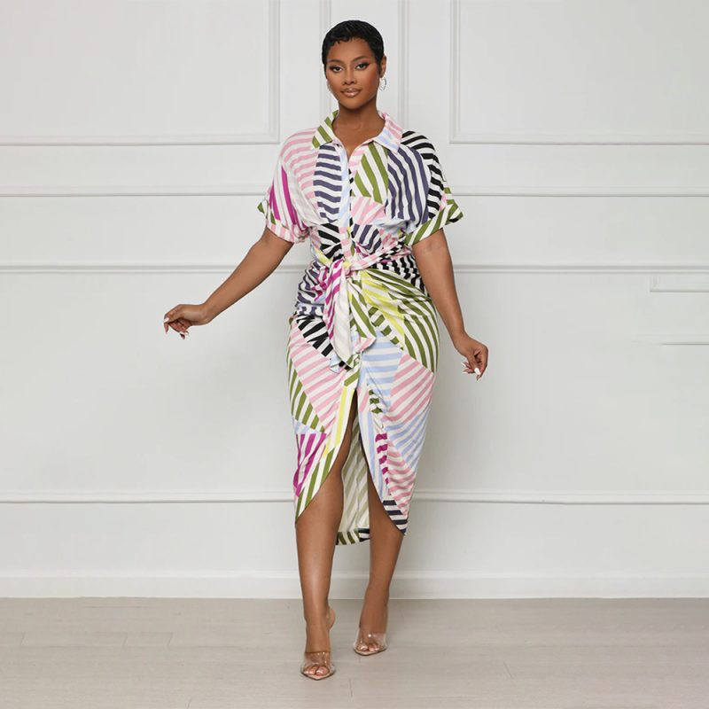Colorblock Striped Button Down Shirt Dress Jumpsuit