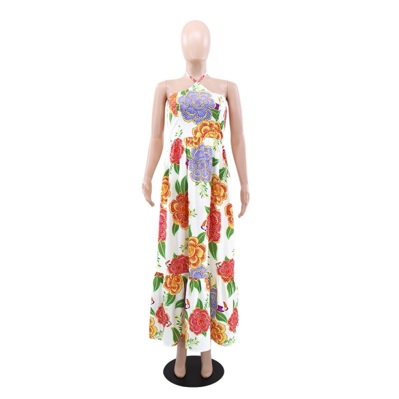 French Printed Halter Lace-Up Summer Dress - Image 3
