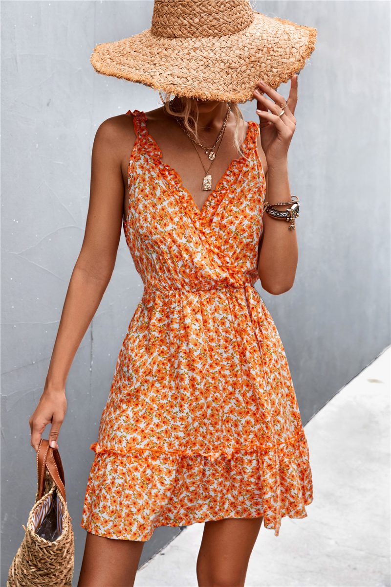 Floral Ruffled V-Neck Lace-Up Strap Dress - Image 3