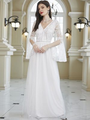 White Lace Mesh Long Sleeve Bridal Dress