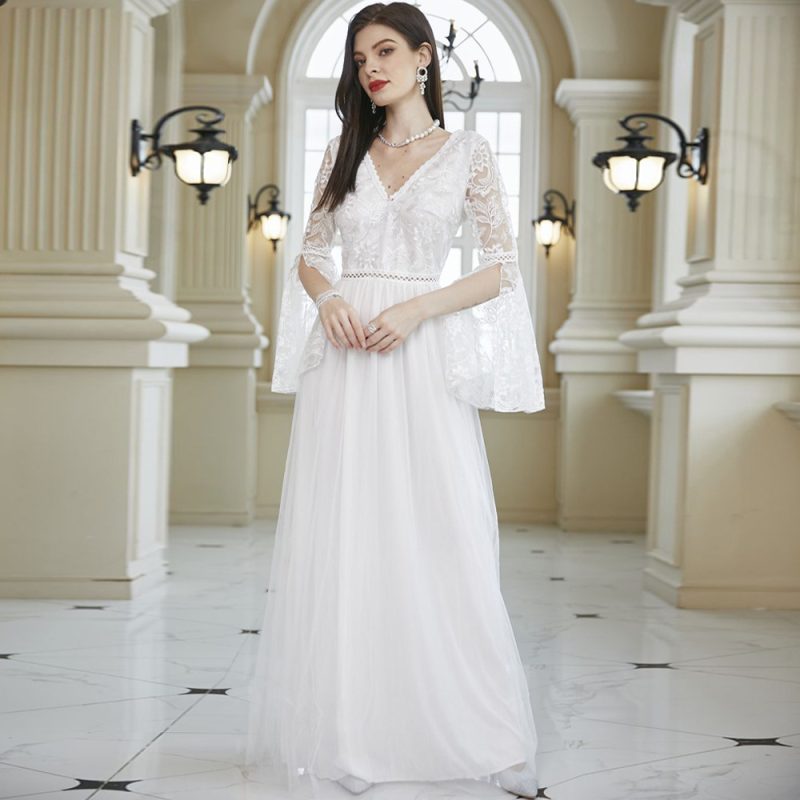 White Lace Mesh Long Sleeve Bridal Dress