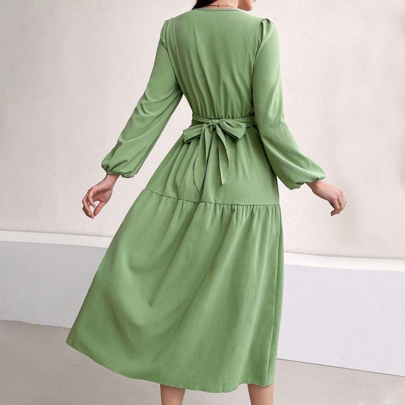 Elegant V-Neck Green Midi Autumn Dress - Image 2