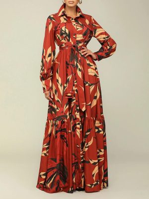 Elegant Autumn Printed Shirt Maxi Dress Women