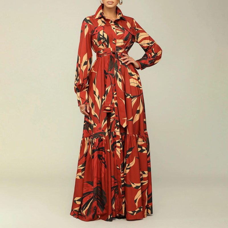 Elegant Autumn Printed Shirt Maxi Dress Women