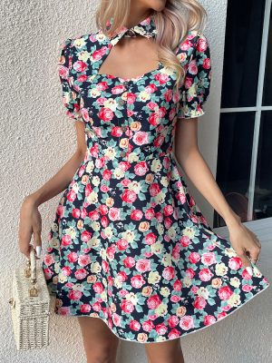 Women’s Hollow Floral Dress with Suit Collar