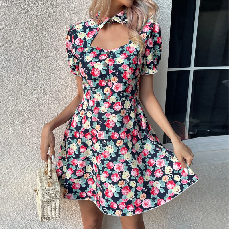 Women’s Hollow Floral Dress with Suit Collar